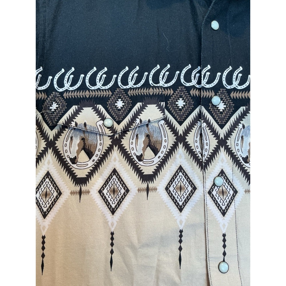 Panhandle Men's Pearl Snap M Horses Aztec Horse Shoes Black Tan Rodeo Ranch